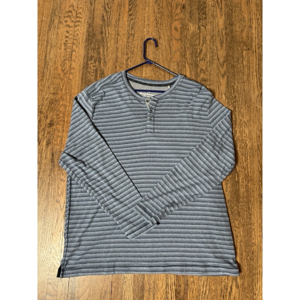 Tommy Bahama Mens XXL Long Sleeve Striped Henley Shirt Blue Organic Cotton